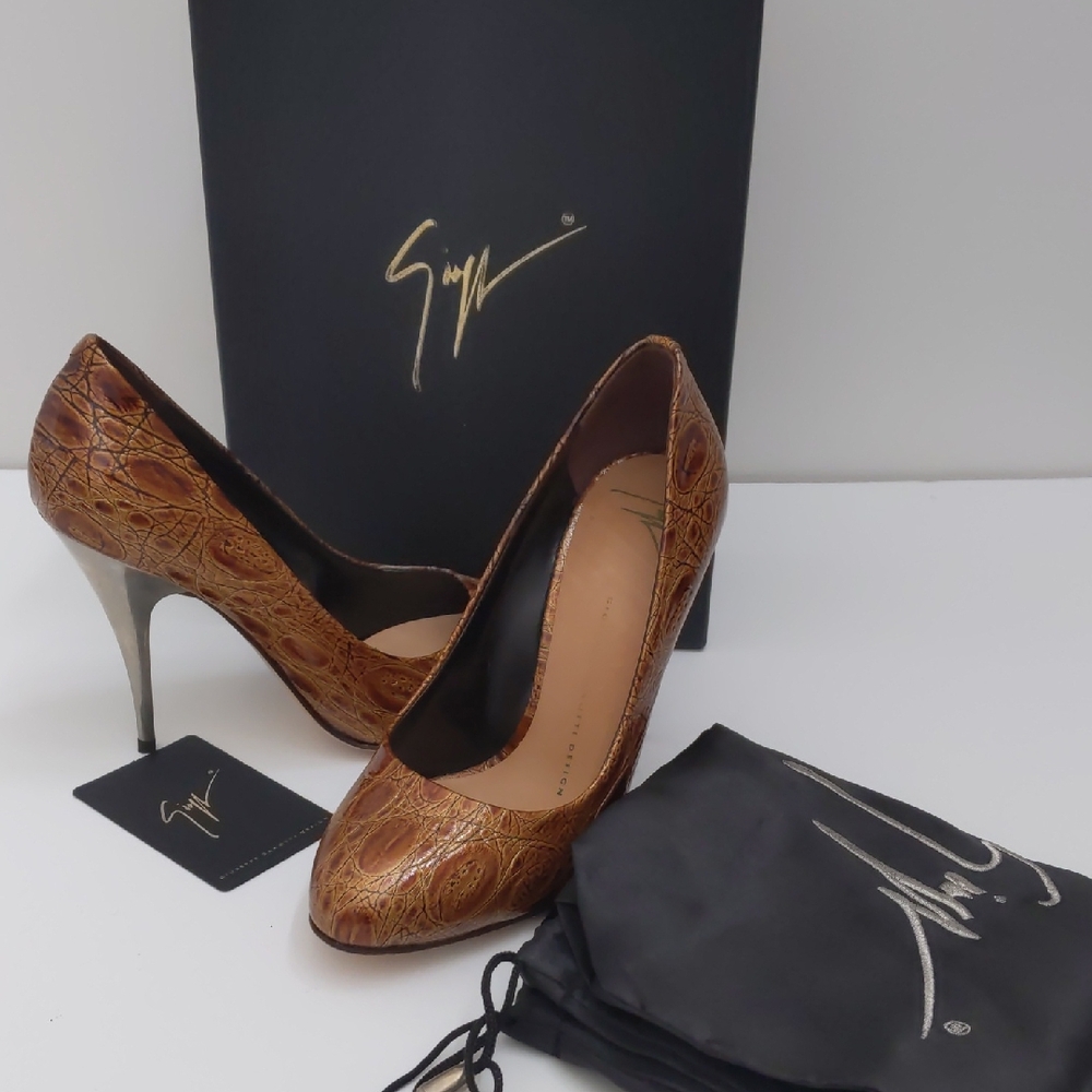 Giuseppe Zanotti Brown Croc-Embossed Leather Pointed-Toe Pumps with Silver Heel